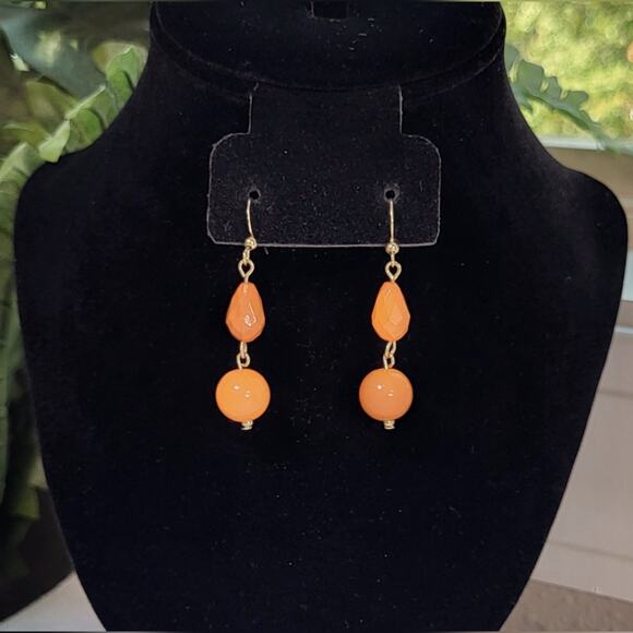 Gold Tone Orange Dangle Earrings - Lightweight Beaded - Picture 5 of 8